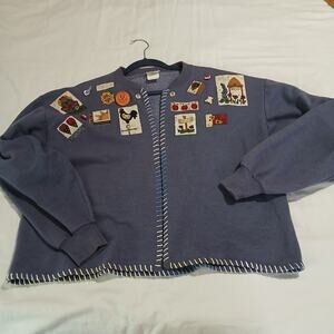 VTG Jerzees Fall Themed Open Cardigan Sweatshirt Large Pumpkin Pin Handmade